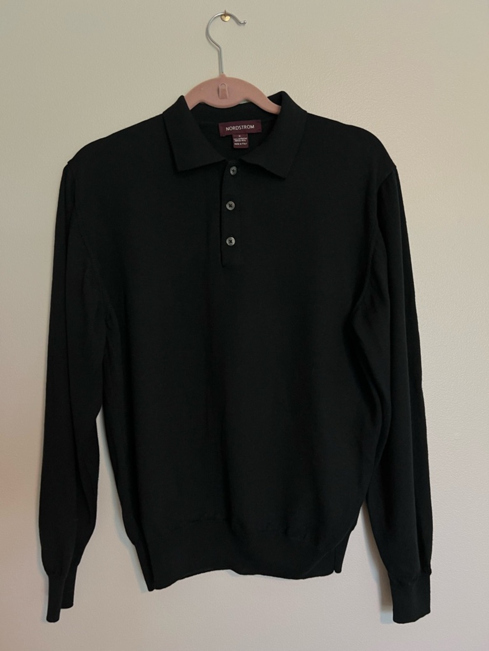 Nordstrom Black Ribbed Long Sleeve Polo Knit, merino wool, made in Italy.